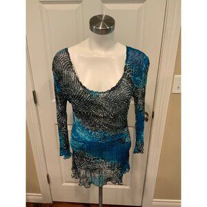 Alberto Makali Blue Splatter Print Thin Sheer Long Sleeve Top, Size Small